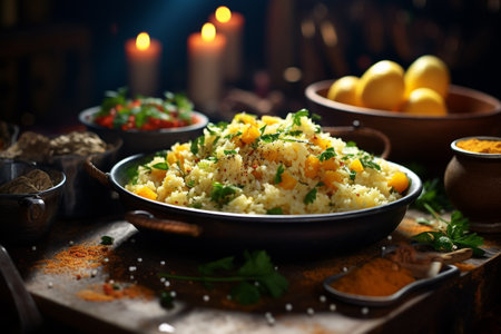 Exquisite traditional Brazilian food menu, delicious delicacy, brazilian food cuzcuz, cous cassava, farofa serving recipe culture authenticityの素材