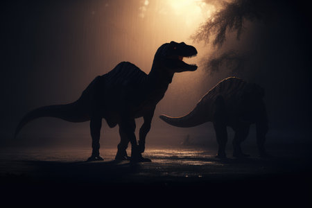 Dinosaurs. Extinct species of animals. Big strong toothy predators. Jurassic period. triceratops, T-rex, brontosaurus, pterodactyl stegosaurus pteranodon ceratosaurus, reptile.の素材