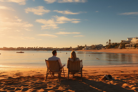 Vacation summer, golden sandy beach, sitting on sun lounger chair right on beach by sea by the water, empty pristine white sandy beach with shallow water. Carefree rest relaxation peace Inspiration.の素材