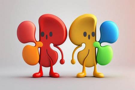 Kidneys. Cute cartoon healthy human anatomy internal organ character set with brain lung intestine heart kidney liver and stomach mascots. parts of living body organs in animated formの素材