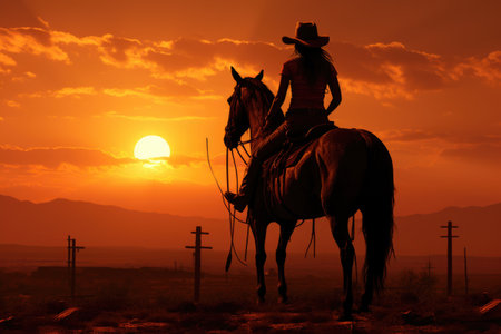 Cowgirl, Attractive girl rider , ranch, riding a horse, pasture headdress hat, Texas clothes shepherd, femaleの素材