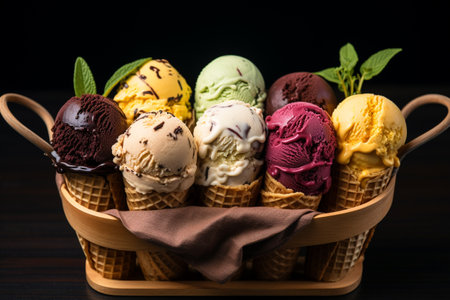 Ice cream, a dessert foodstuff, an ancient delicacy. Food in heat and summer, candy and tasty, a refreshing dessert, sweet. Frozen dessert of fruit, cream of dairy productsの素材