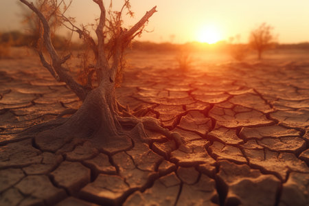 Evaporation of water from hot weather. dryland. Global warming of the weather climate. A common problem. Save and protect planet earth, importance and necessity, ecologyの素材