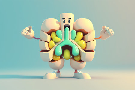 Intestin. Cute cartoon healthy human anatomy internal organ character set with brain lung intestine heart kidney liver and stomach mascots. parts of living body organs in animated formの素材