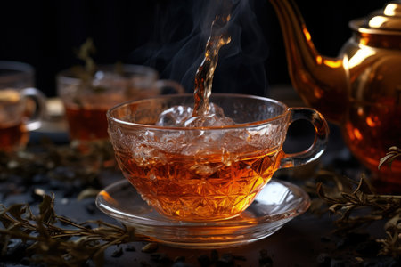 Tea is a beverage obtained by boiling, brewing, infusing the leaf of a tea bush. Black green floral herbal. Leisure, health properties, therapeutic midditya. fruityberry. Organic refreshing drinkの素材