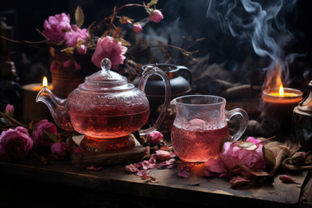 Tea is a beverage obtained by boiling, brewing, infusing the leaf of a tea bush. Black green floral herbal. Leisure, health properties, therapeutic midditya. fruityberry. Organic refreshing drinkの素材