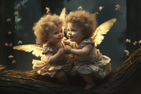 angel art cupid Cute children, purity innocence, wings with feathers fly, bible religion, baptism christening god, newborn cupid kindness birthday greetingsの素材