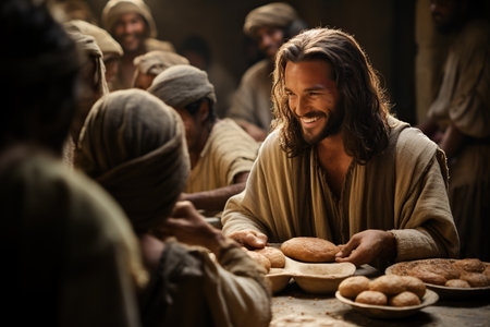 Jesus Christ fed bread to the poor , bible religion, gospels, ancient scriptures history, Jesus hands giving bread to the poor , biblical story to feed hungry, charityの素材