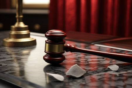 Law and order, the hammer of the judge and the scales of justice, guilt and innocence judicial system, Judge Advocate Jury Room law and legislation , crime and signatureの素材