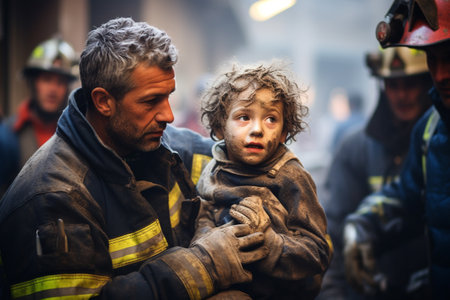 Rescuers help people who are in trouble. Lifeguards are brave. Rescue unit, emergency responders. Saving lives and health of people in crisis situations. Crash and emergency work. first aidの素材