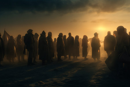 world humanitarian day. A helping hand to those affected by war and famine. a social problem. Refugees. Agust 19. In need of protection, food, homes. Search for a better life. Camp. Generative AI.の素材