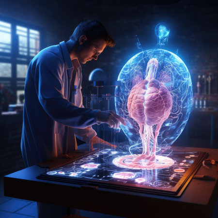 Futuristic medicine surgery treatment scientific technology, hologram, dna screen virtual reality highly scientific achievement, technological digital holographic plate represented body, heart lungsの素材