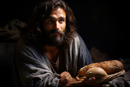 Jesus Christ fed bread to the poor , bible religion, gospels, ancient scriptures history, Jesus hands giving bread to the poor , biblical story to feed hungry, charityの素材