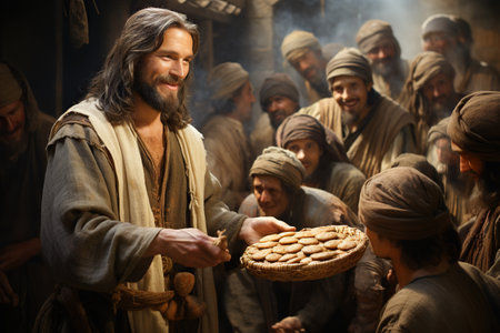 Jesus Christ fed bread to the poor , bible religion, gospels, ancient scriptures history, Jesus hands giving bread to the poor , biblical story to feed hungry, charityの素材