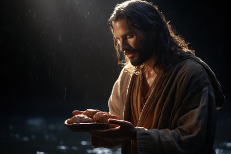 Jesus Christ fed bread to the poor , bible religion, gospels, ancient scriptures history, Jesus hands giving bread to the poor , biblical story to feed hungry, charityの素材