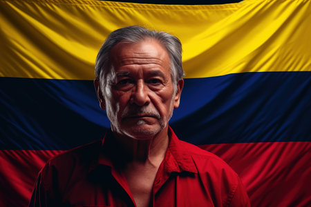 A person with a Colombian flag. Patriotism, national sentiment, cultural authenticity, flag colors, people ethnic. Colombiaの素材