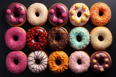 Donuts, delicious and sweet baked goods food, tasty, caloric, fast food obesity, dough products fried in oil deep-fried baked goods sweet dust jam jam candy chocolate chocolate powdered sugarの素材