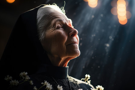 Religious concept, person prays to god, nun, faith bible, church. member of religious community of laurel monastery, penance.の素材