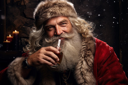 Santa Claus with a glass of whiskey. Cheerful and funny grandfather frost on the eve of the new year wishes you a happy holiday. winter, performance is amusingの素材