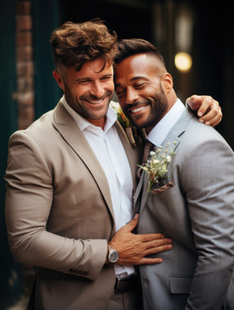 Happy male couple non-traditional orientation, gay, LGBT, romantic relationship of two men. Love serious commitmentの素材