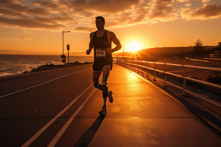 Person on prosthetic limbs, rehabilitation, body part replacement, artificial motion support, medical care, transplant, crutches, happy living, back on your feet again.の素材