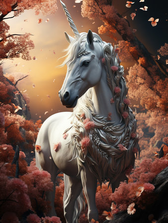 Unicorn, a mythical creature, hoofed animal, a horse, with one large pointed spiral-shaped horn emerging from the forehead. Tale sweet magicalの素材