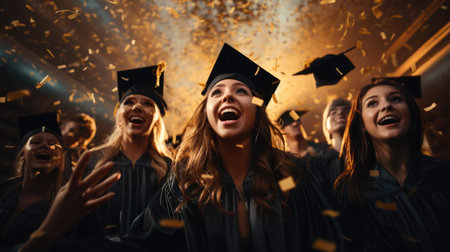 Happy time graduation, university institute school, graduation mantle and cap, joy group, receiving Bachelor Specialist Master degree, group selfies, classroom auditorium, toss up valedictorian hatの素材