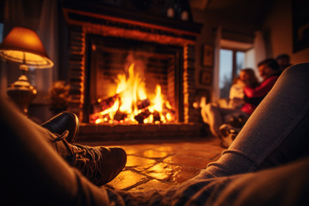 Christmas, family gathered to celebrate the holiday of Christmas, giving gifts, sitting by the fireplace, Christmas interior decorations. Winter atmosphere, warm attitude, carefree feeling.の素材