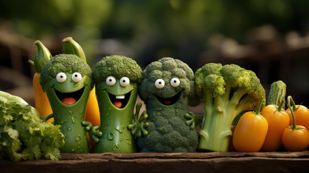 Vegetables fruit cartoon personality character, funny dietary ingredients of proper food, cute and funny products, grocery with human facial featuresの素材