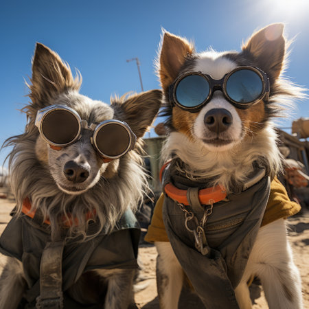 dogs portrait with sunglasses, Funny animals in a group together looking at the camera, wearing clothes, having fun together, taking a selfie, An unusual moment full of fun and fashion consciousnessの素材
