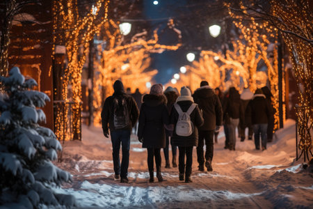 People walking in the snow Winter season, chilly, cold frost, morning freshness, December, winnye everyday life, winter season, snowflakes snowfall . Cold air temperatureの素材