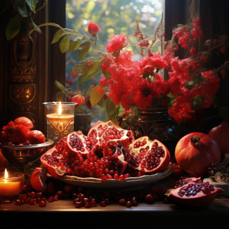 Happy yalda night, winter solstice festival, The birth of the sun or the moon, Copyspace background for text, grapes pomegranate watermelonの素材