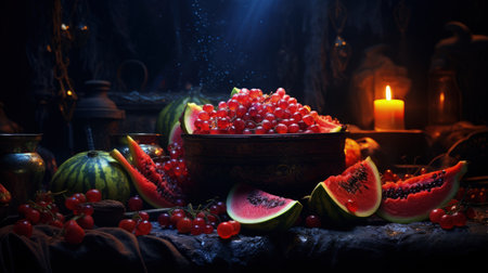 Happy yalda night, winter solstice festival, The birth of the sun or the moon, Copyspace background for text, grapes pomegranate watermelonの素材