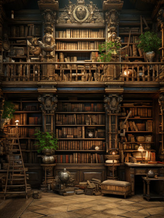 Old vintage library, book archive, place to gain knowledge, reading pages, learning.の素材