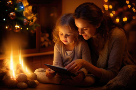 Christmas, family gathered to celebrate the holiday of Christmas, giving gifts, sitting by the fireplace, Christmas interior decorations. Winter atmosphere, warm attitude, carefree feeling.の素材