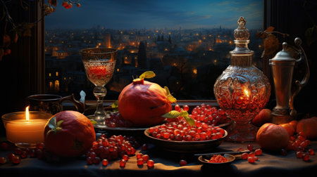 Happy yalda night, winter solstice festival, The birth of the sun or the moon, Copyspace background for text, grapes pomegranate watermelonの素材