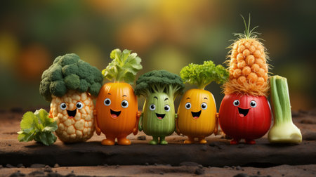 Vegetables fruit cartoon personality character, funny dietary ingredients of proper food, cute and funny products, grocery with human facial featuresの素材
