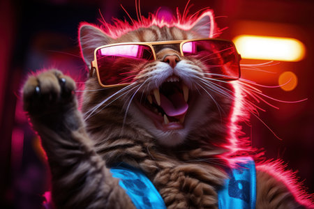 cats portrait with sunglasses, Funny animals in a group together looking at the camera, wearing clothes, having fun together, taking a selfie, An unusual moment full of fun and fashion consciousnessの素材
