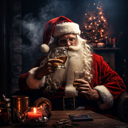 Santa Claus with a glass of whiskey. Cheerful and funny grandfather frost on the eve of the new year wishes you a happy holiday. winter, performance is amusingの素材