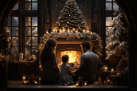 Christmas, family gathered to celebrate the holiday of Christmas, giving gifts, sitting by the fireplace, Christmas interior decorations. Winter atmosphere, warm attitude, carefree feeling.の素材