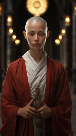 China young female shaolin asia monk in monastery. Spiritual development tranquility, yin yang balance, ascetic, Buddhist monastery, novices Shaolin Templeの素材