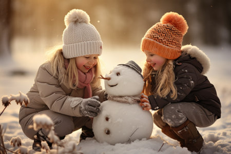 Kids winter vacation time in winter, carefree childhood, happy time, having fun in the snow, sledding, sculpting a snowman, playing in nature, joy and fun, children spend time togetherの素材