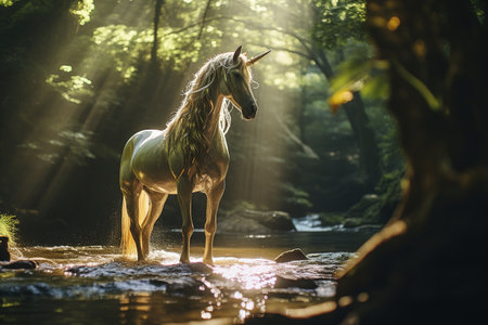 Unicorn, a mythical creature, hoofed animal, a horse, with one large pointed spiral-shaped horn emerging from the forehead. Tale sweet magicalの素材