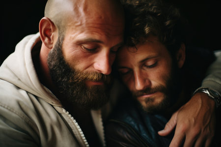 Happy male couple non-traditional orientation, gay, LGBT, romantic relationship of two men. Love serious commitmentの素材