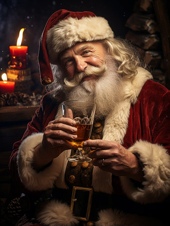 Santa Claus with a glass of whiskey. Cheerful and funny grandfather frost on the eve of the new year wishes you a happy holiday. winter, performance is amusingの素材