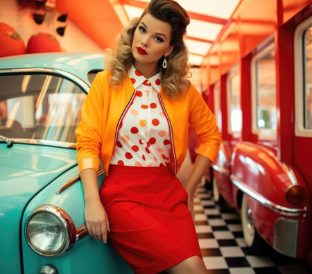 People fashion clothing 1950, 1960 in the style of iconic rock and roll imagery, Times of driving music, trendy hairstyles, stylish clothes, daring deeds, leather jackets and colorful dressesの素材