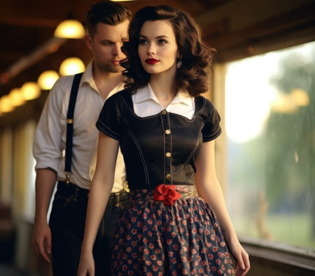 People fashion clothing 1950, 1960 in the style of iconic rock and roll imagery, Times of driving music, trendy hairstyles, stylish clothes, daring deeds, leather jackets and colorful dressesの素材