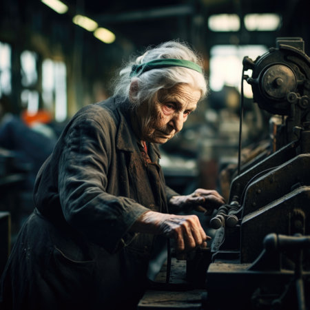 Sad tired old pensioner working. An elderly person toiling at a machine in a factory.の素材