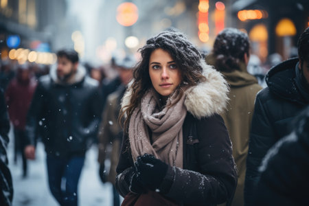 People walking in the snow Winter season, chilly, cold frost, morning freshness, December, winnye everyday life, winter season, snowflakes snowfall. Cold air temperatureの素材