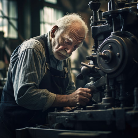 Sad tired old pensioner working. An elderly person toiling at a machine in a factory.の素材